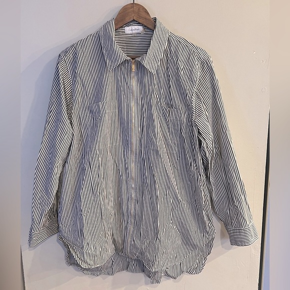 CALVIN KLEIN Women’s Gray & White Striped Zip Up Collared Long Sleeve Shirt - Picture 1 of 4